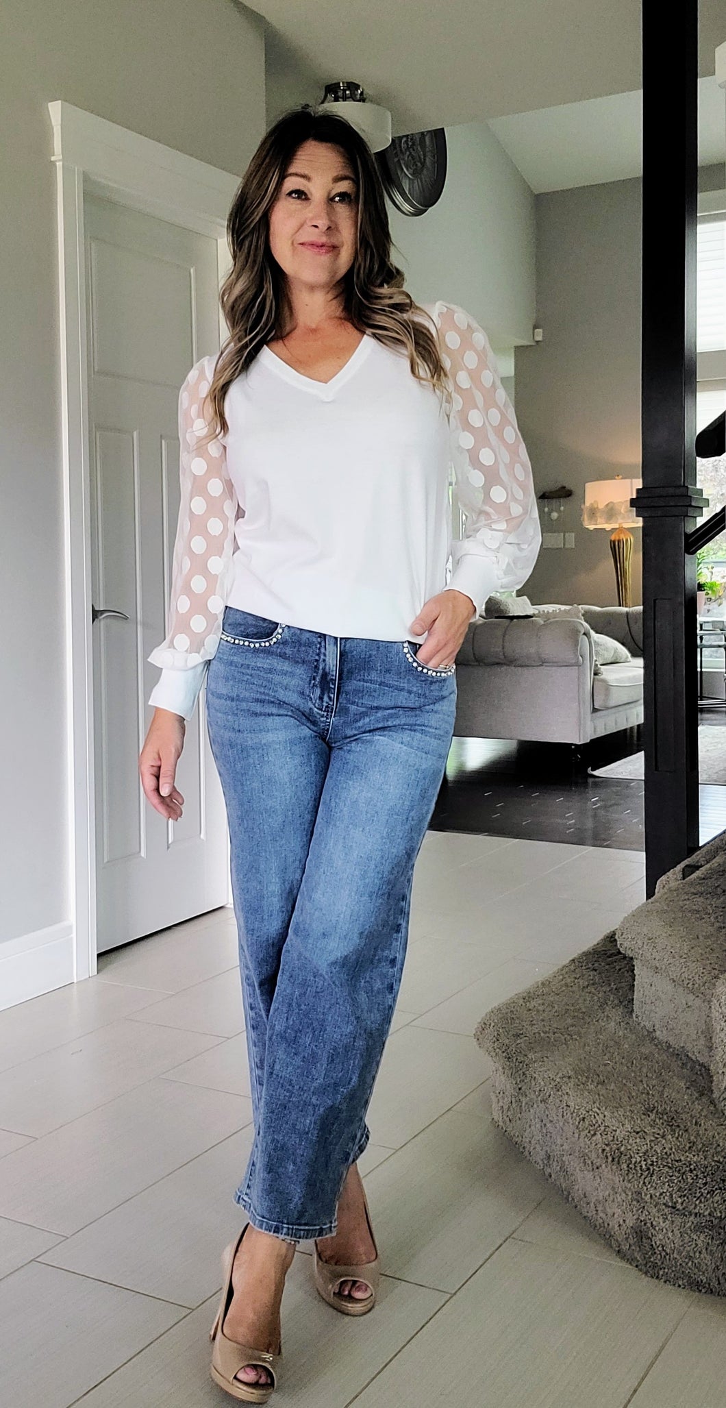 Sheer Polka Dot Sleeve Sweater