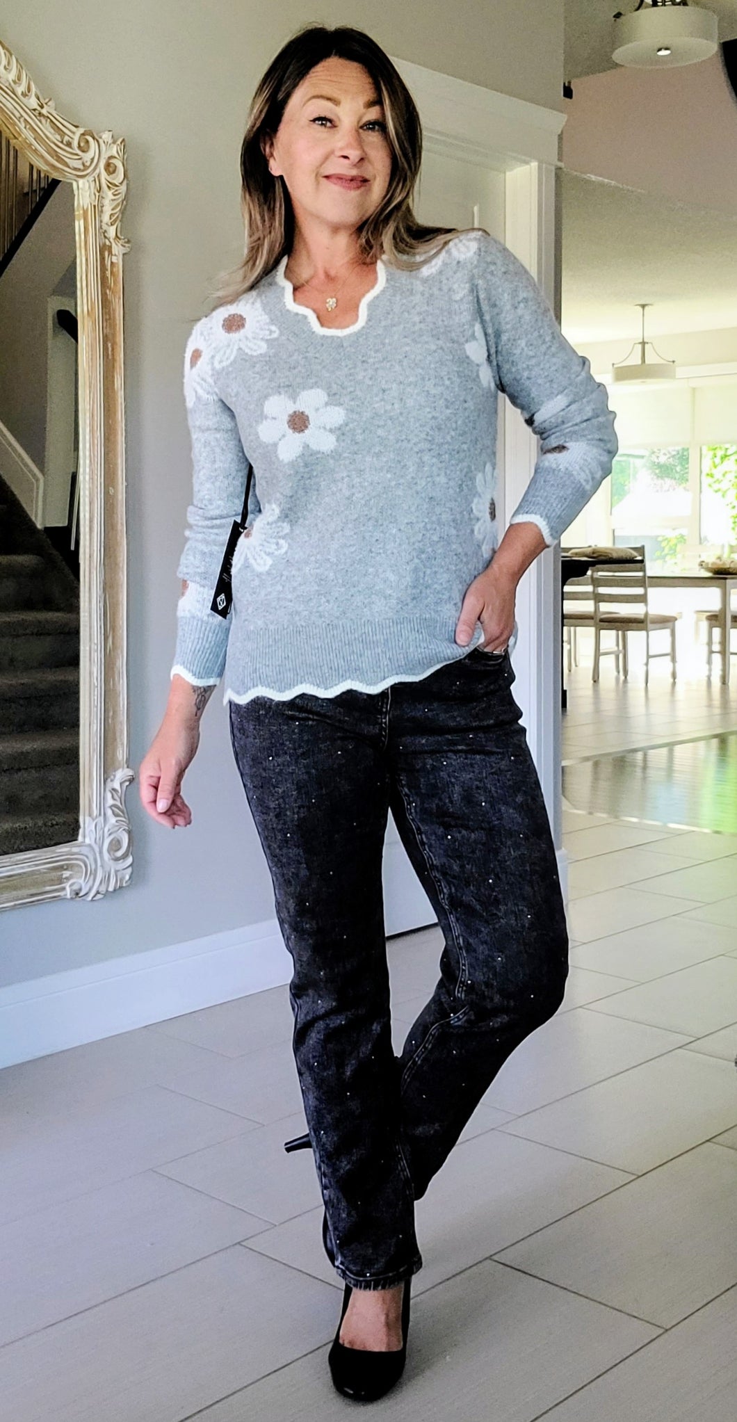 Scalloped Grey Daisy Sweater