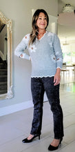 Load image into Gallery viewer, Scalloped Grey Daisy Sweater
