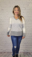 Load and play video in Gallery viewer, Grey Color Block V-Neck Sweater
