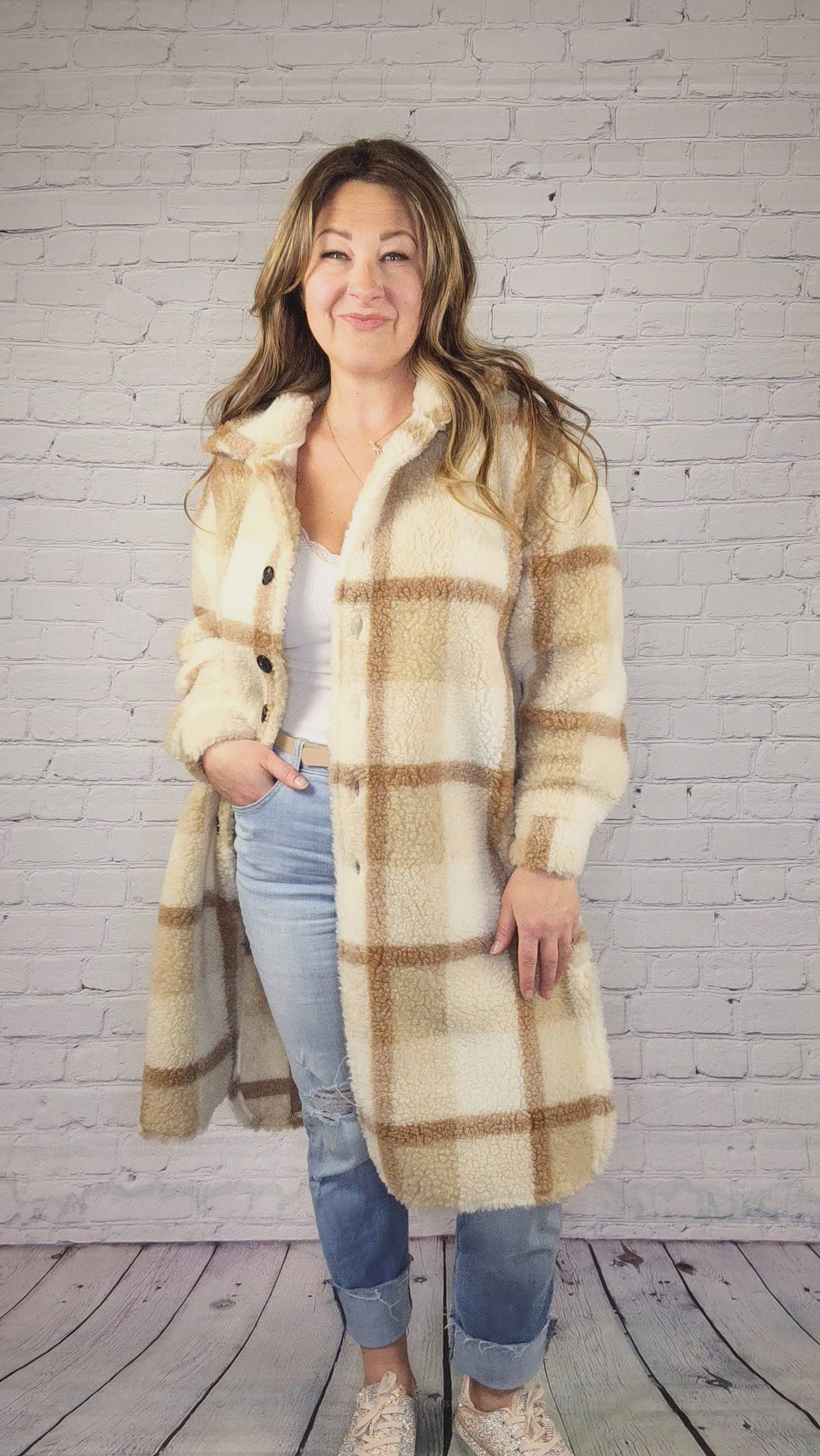 Long Plaid Teddy Coat