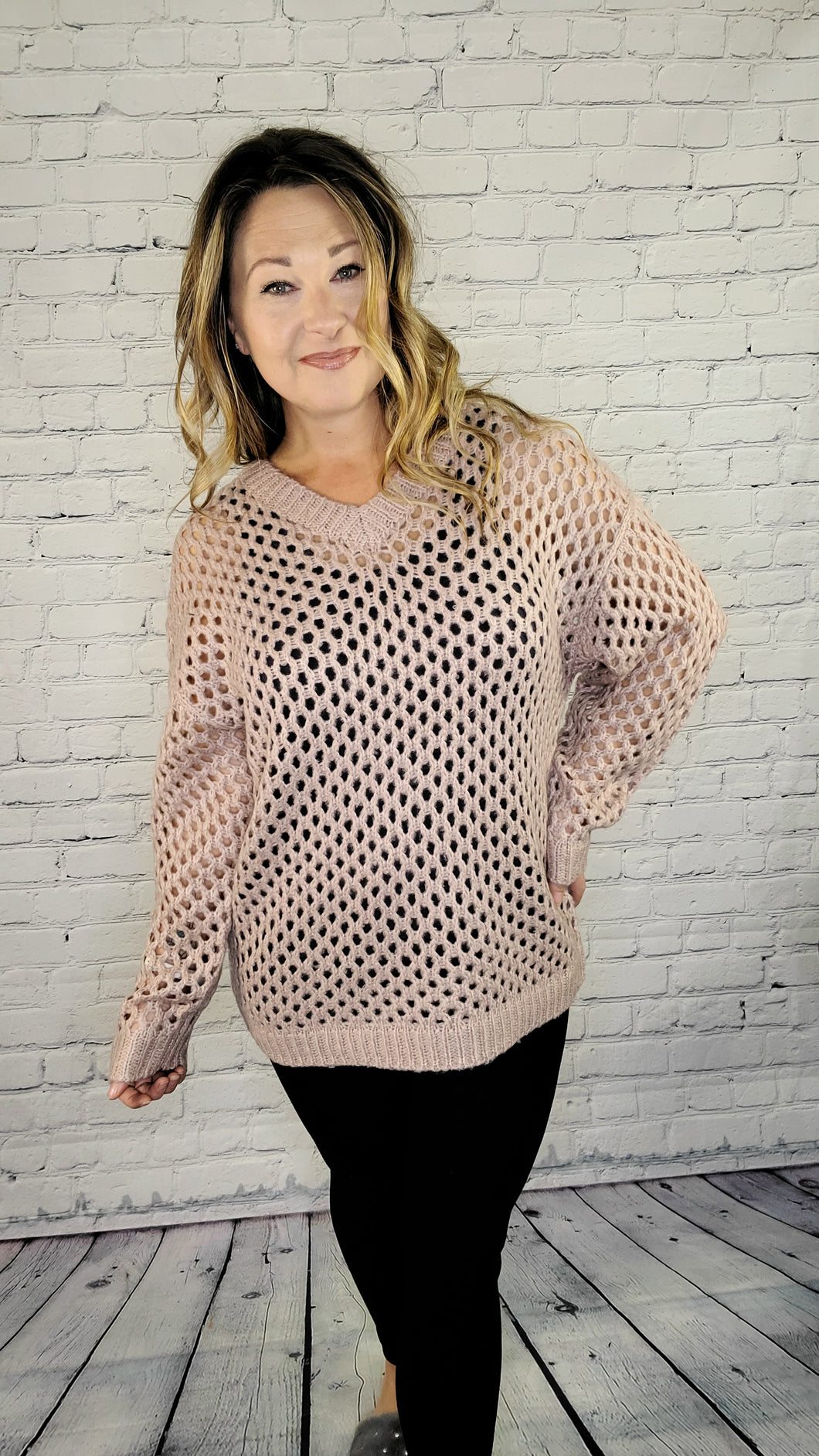 Knit Netting VNeck Sweater