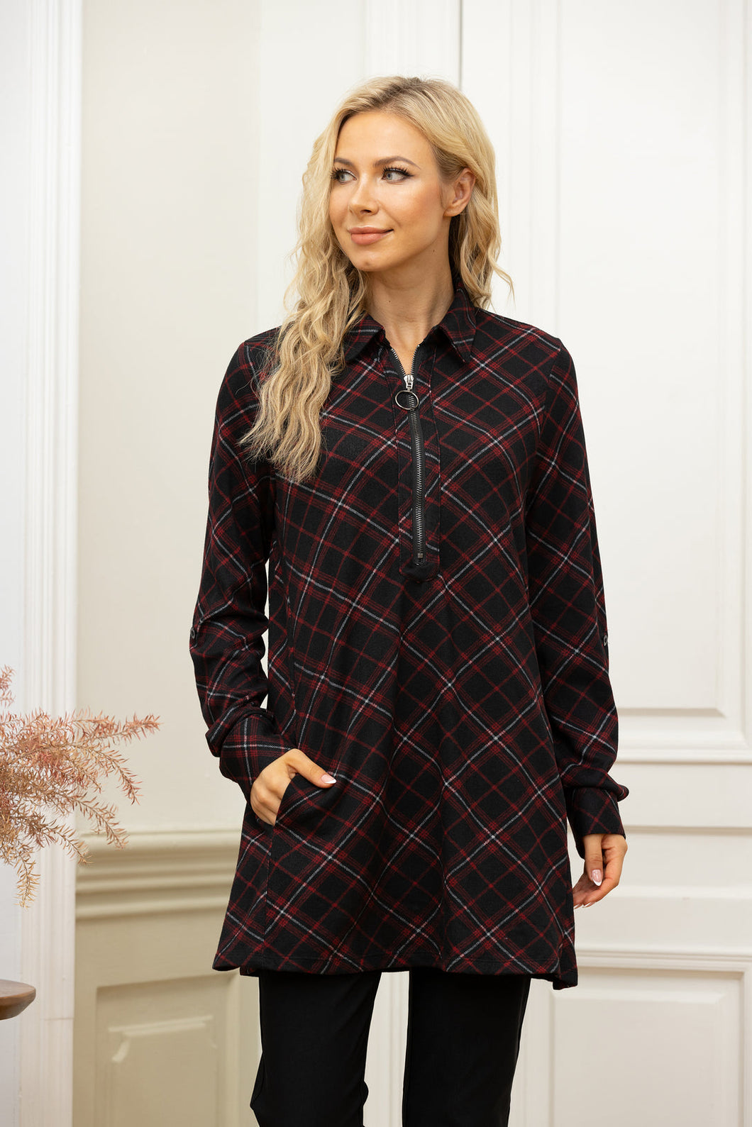 Plaid Zip Tunic with Pockets